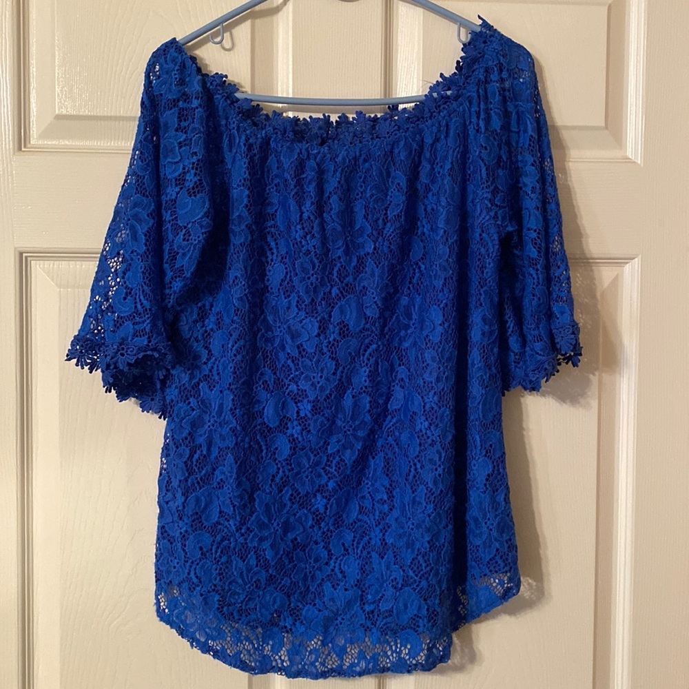 Bright blue lace off-the-shoulder blouse XL